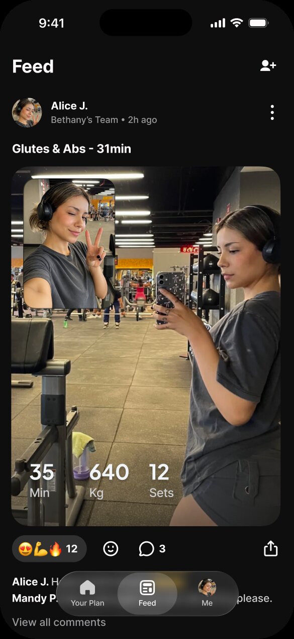 The feed with a member’s workout post, its stats and reactions