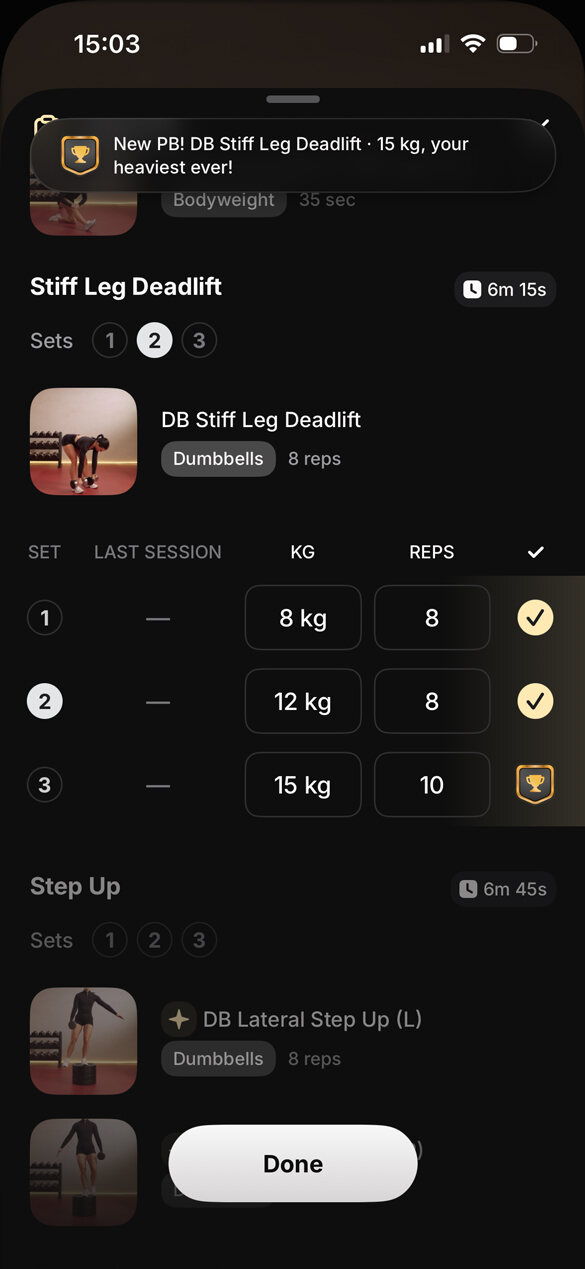The journal with a session’s sets, reps and weights