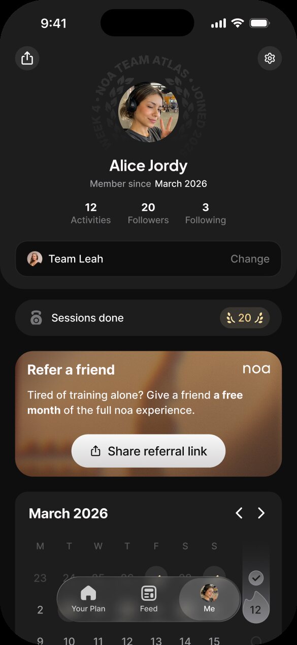 A member profile with sessions done and the month’s calendar