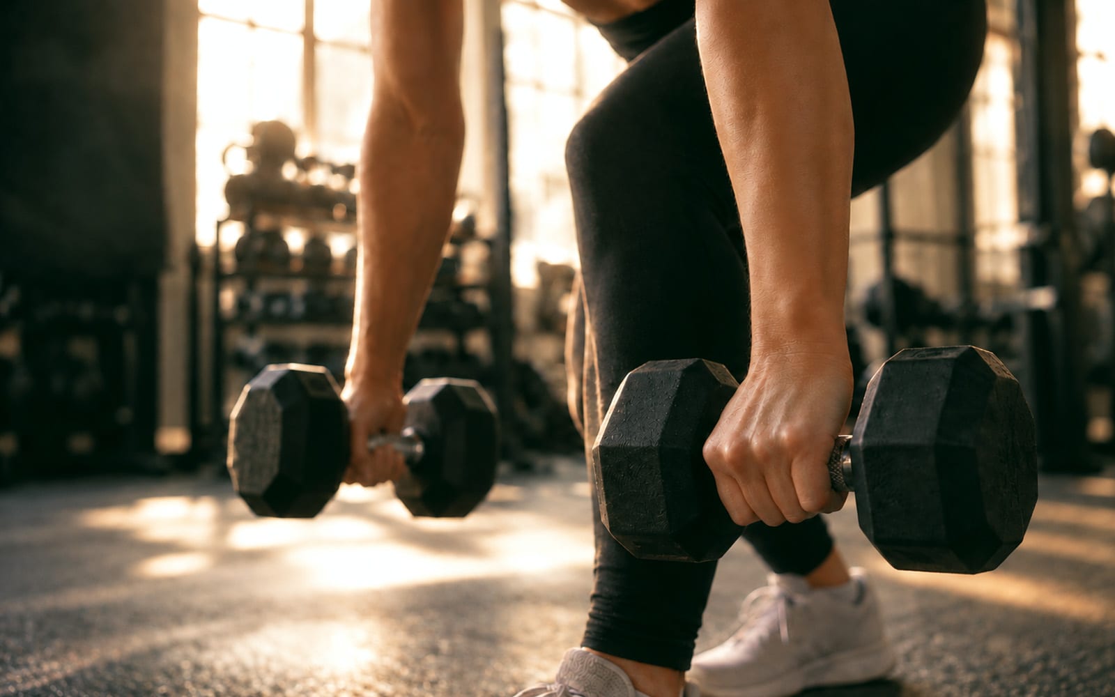 Someone lifting two dumbbells off the floor in a gym